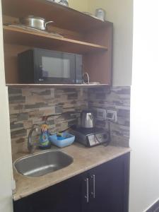 a kitchen counter with a sink and a microwave at Seaview Chalets in Porto South Beach - Families only in Ain Sokhna