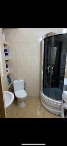 W łazience znajduje się toaleta i przeszklony prysznic. w obiekcie Apartments w Kiszyniowie