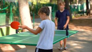 dos chicos jugando ping pong en una mesa de ping pong en Easyatent Camping Porto Sole en Vrsar