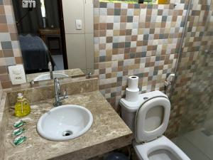 a bathroom with a sink and a toilet and a mirror at Pousada Sunflower in Pirenópolis