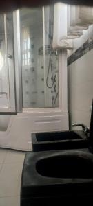 uma casa de banho com um chuveiro e um lavatório. em Balmoral Beach Hotel Kisumu em Kisumu