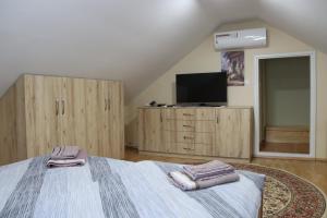 - une chambre avec un lit, une télévision et des placards en bois dans l'établissement Vila Tamaškut, à Lendava
