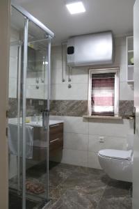 La salle de bains est pourvue d'une douche, d'un lavabo et de toilettes. dans l'établissement Vila Tamaškut, à Lendava