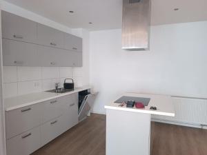 a kitchen with white cabinets and a white counter top at L8 Street - Gneisenaustraße 9 in Pforzheim