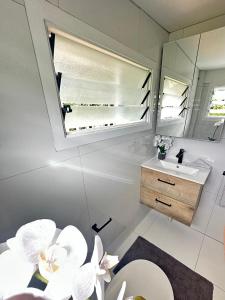 a bathroom with a sink and a mirror at Muri Villas in Rarotonga