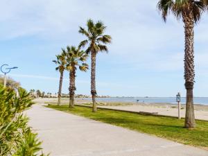 グリュイッサンにあるVilla Gruissan, 4 pièces, 6 personnes - FR-1-409-18のヤシの木が茂る浜辺の歩道