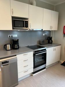 a kitchen with white cabinets and a microwave at Kiruna City Room in Kiruna