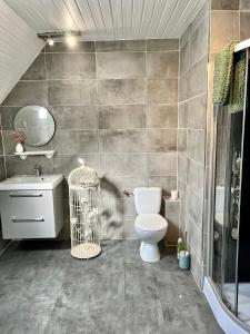 a bathroom with a toilet and a bird cage at Chez Régine, 45m2 privés in Schiltigheim