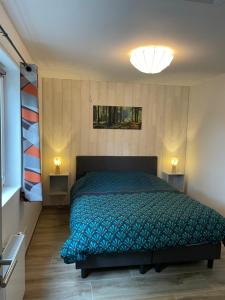 ein Schlafzimmer mit einem Bett mit einer grünen Bettdecke in der Unterkunft Chez Nat in Rochefort