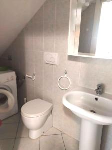 Baño pequeño con aseo y lavamanos en Holiday Homes in Rosolina Mare 24977, en Rosolina Mare