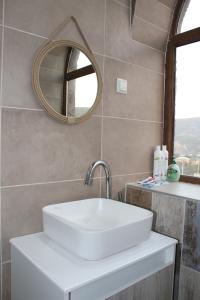 a bathroom with a white sink and a mirror at Bears and Berries in Berd