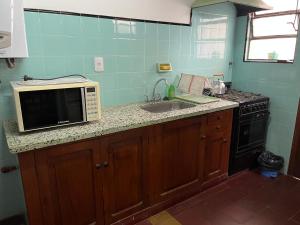 een keuken met een magnetron en een wastafel bij Casa Rústica Norteña Candy Con Parking in Salta