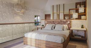 ein Schlafzimmer mit einem großen Bett und einer Steinmauer in der Unterkunft Sandals Regency La Toc All Inclusive Golf Resort and Spa - Couples Only in Castries
