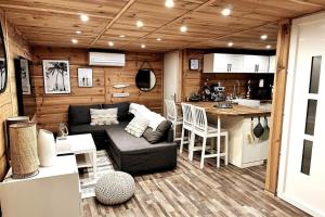 a living room and kitchen in a tiny house at Chalet et Jaccuzy sur la plage in Biscarrosse