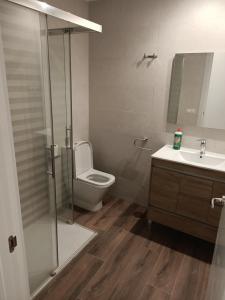 uma casa de banho com um chuveiro, um WC e um lavatório. em Casa pepe em Madri