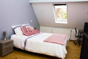 Un dormitorio con una cama con almohadas rosas y una ventana en Maison d'une chambre avec jardin et wifi a Roissy en Brie, en Roissy-en-Brie