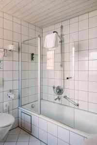 a bathroom with a shower and a tub and a toilet at Hotel Restaurant Krone in Sulzbach am Kocher