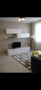 een woonkamer met een bank en een tapijt bij Summer in Braşov