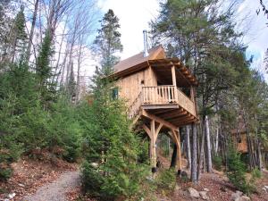 una casa sull'albero in mezzo a una foresta di Les Cabanes du Trappeur a Wentworth-Nord