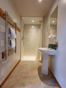 a bathroom with a white sink and a shower at Ptarmigan Lodge Nethy Bridge in Nethy Bridge