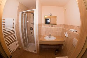 een badkamer met een wastafel en een douche bij Gästehaus Lorz in Höchstadt an der Aisch