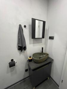 La salle de bains est pourvue d'un lavabo et d'un miroir mural. dans l'établissement Bright: Flat with Balcony - Kitchen - Free Parking, à Berlin