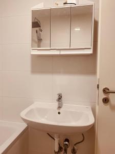 a bathroom with a white sink and a cabinet at Nice private room in Luxembourg City in Luxembourg