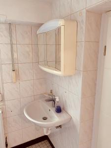 a bathroom with a sink and a mirror at Nice private room in Luxembourg City in Luxembourg