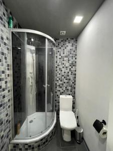 a bathroom with a shower and a white toilet at Bright: Flat with Balcony - Kitchen - Free Parking in Berlin
