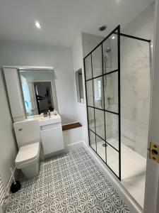a bathroom with a toilet and a sink and a shower at Seahorse Cottage in Helston