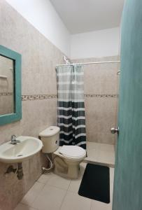 e bagno con servizi igienici, lavandino e doccia. di Apartahotel Santori Cartagena a Cartagena de Indias