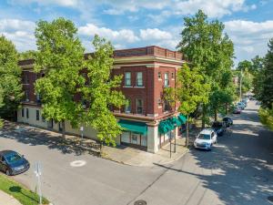 an overhead view of a building on a street at Downtown Studio Space, King Bed, Free Coffee in Dayton