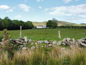 a stone fence in a field with a house in the background at Kestrel Cottage in Keswick