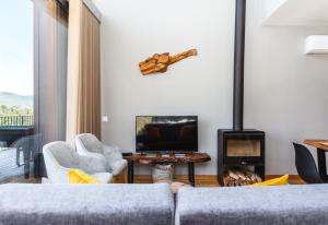 ein Wohnzimmer mit einem Sofa und einem Kamin in der Unterkunft Casas de Bouro 2 in Terras de Bouro