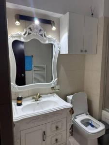 a bathroom with a sink and a toilet and a mirror at Apartament Complex in Bucharest