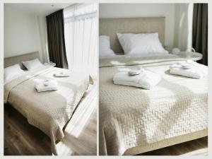 two pictures of a bed with towels on it at Linden Home Klaipeda Centrum Apartment in Klaipėda