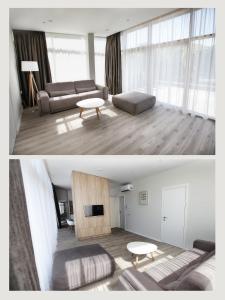 two pictures of a living room with a couch and a table at Linden Home Klaipeda Centrum Apartment in Klaipėda