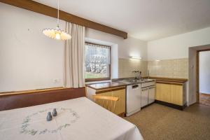 a room with a kitchen with a bed and a sink at Ferienhaus Oberschneider in Selva dei Molini