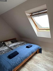 1 dormitorio con cama y ventana en Bubble Apartman, en Kozármisleny
