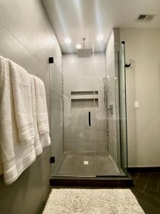 a bathroom with a glass shower with towels and a rug at Stylish Wicker Park Home in Chicago