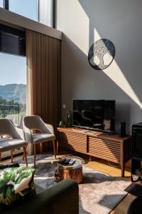 ein Wohnzimmer mit einem Flachbild-TV und einem Sofa in der Unterkunft Casas de Bouro 3 in Terras de Bouro