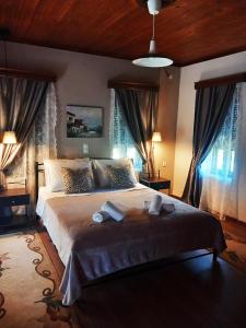 una camera da letto con un grande letto con due cuscini di KOSTITSIS VIEW a Kostitsi