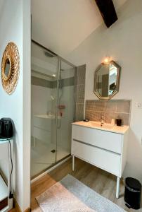 a bathroom with a sink and a shower at Les Mirabelles in Tournon-dʼAgenais