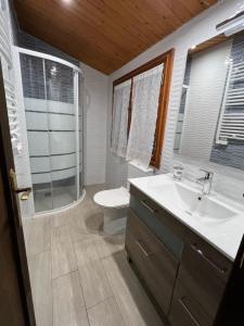 uma casa de banho com um lavatório, um WC e um chuveiro em Cabaña de Caldones 