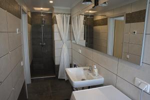 La salle de bains est pourvue d'un lavabo et d'une douche. dans l'établissement Ferienwohnung Wiesenblick in Seiffen, à Kurort Seiffen