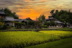 a field of grass in front of some houses at 大正の宿　浪漫邸 in Kani
