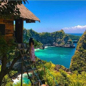 a woman standing on a ladder looking at the ocean at D'TRANSIT in Nusa Penida