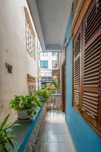 un pasillo con macetas en un edificio en Downtown Hostel & Rooftop Bar en Hanói