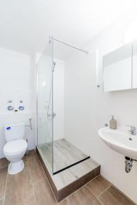 een badkamer met een douche, een toilet en een wastafel bij Modern und Renoviert in Neurenberg
