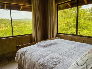 a bedroom with a bed and two windows at Mountain Paradise Pool Wi-fi Las Charcas in Santiago de los Caballeros